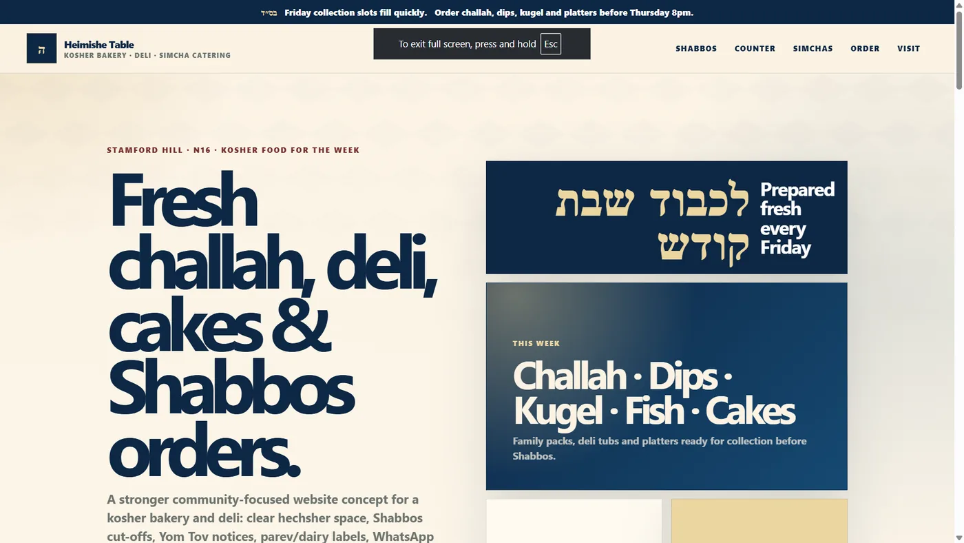 Fresh challah, deli and orders website style screenshot